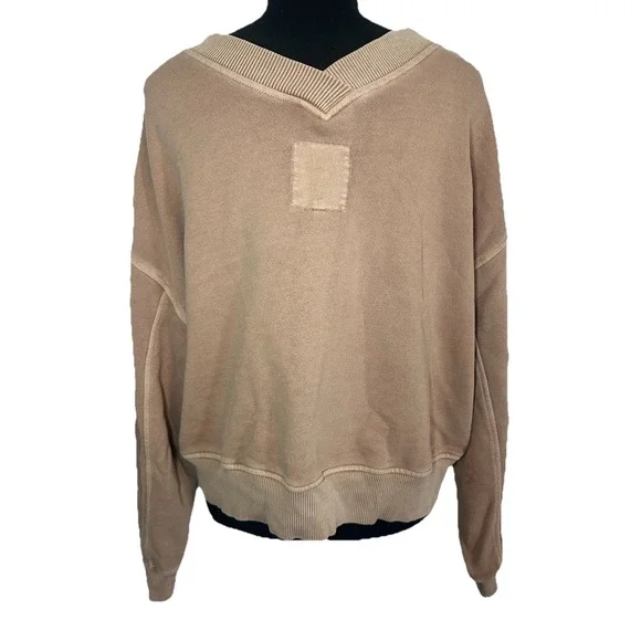 Aerie Women's XS Tan Light Brown Cropped Oversized Double V-Neck Sweatshirt Boxy - Picture 4 of 9